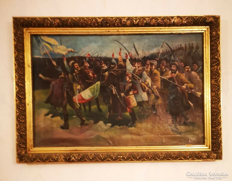 Antique battle scene painting, hussars in the background, foot attack in front. With Hungarian flag