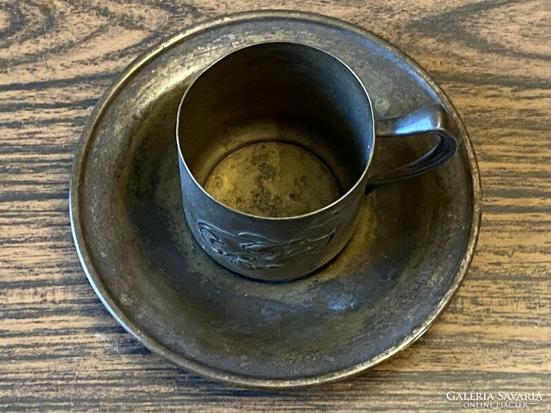 Antique art nouveau copper ear cup with coaster decorated with flowers