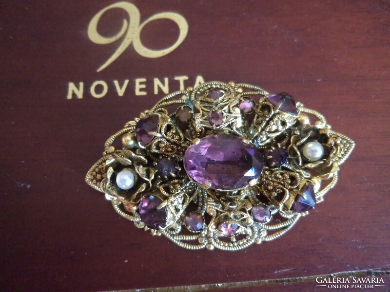 Collectible antique filigree brooch with purple amethyst colored stones, large size