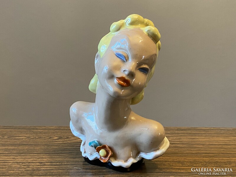 Antique painted hop ceramic female bust statue