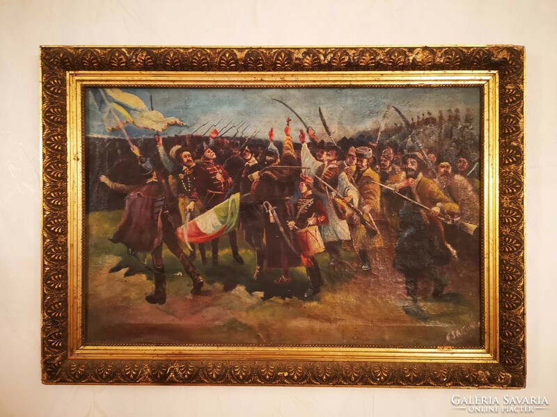 Antique battle scene painting, hussars in the background, foot attack in front. With Hungarian flag