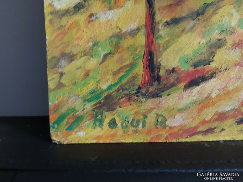 Szignált festmény - Hegyi A. szignóval- erdei házak- 489