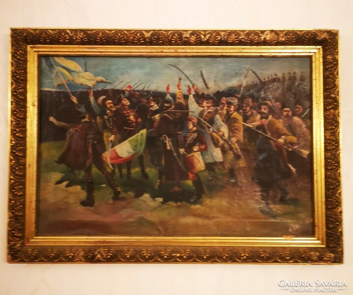 Antique battle scene painting, hussars in the background, foot attack in front. With Hungarian flag