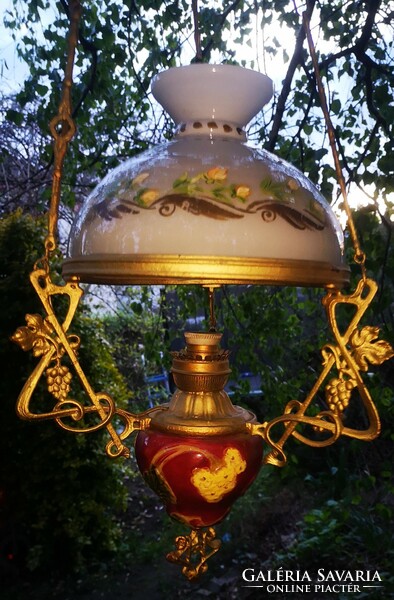 Antique art nouveau majolica lamp, chandelier with illuminated painted shade