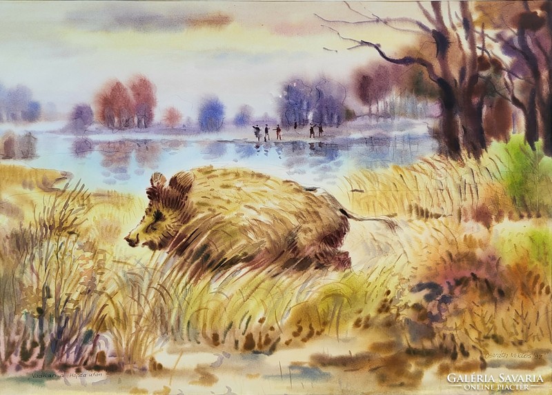 Miklós Osváth (1935 - 2004) boar after the chase c. His painting is 95x75cm with an original guarantee!