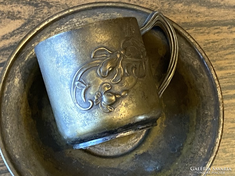 Antique art nouveau copper ear cup with coaster decorated with flowers