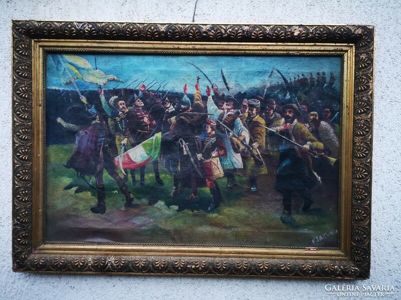 Antik Csatajelenet festmény, huszárok a háttérben elöl gyalogos roham. Magyar zászlóval