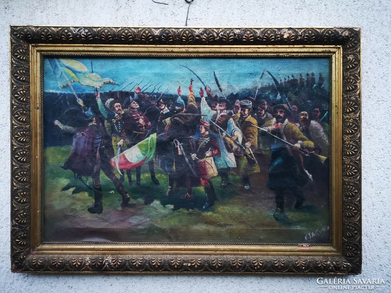 Antique battle scene painting, hussars in the background, foot attack in front. With Hungarian flag