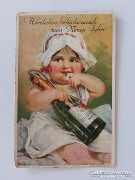 Old New Year's card postcard little girl champagne