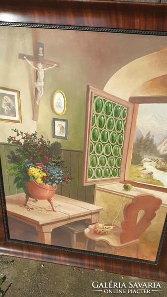 Interior room interior alpine landscape oil-wood painting