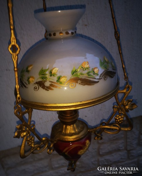 Antique art nouveau majolica lamp, chandelier with illuminated painted shade