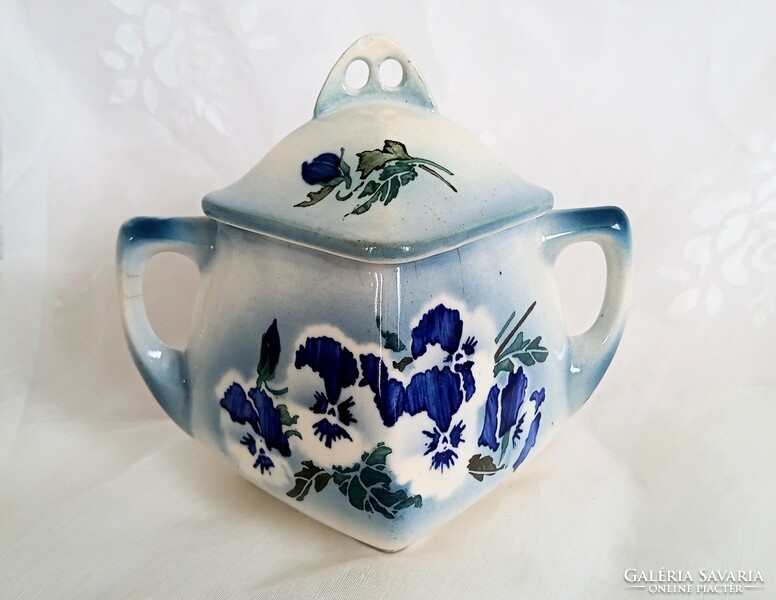 Antique faience blue pansy sugar bowl 15x13cm