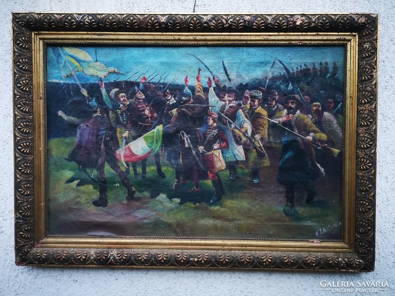 Antique battle scene painting, hussars in the background, foot attack in front. With Hungarian flag