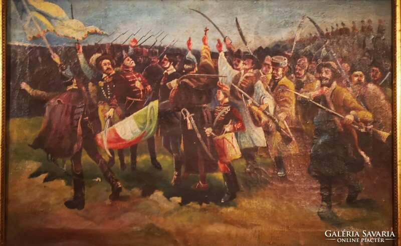 Antique battle scene painting, hussars in the background, foot attack in front. With Hungarian flag