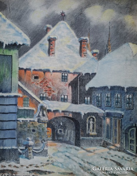 Fairy tale winter street scene - on silk support - marked, 1937