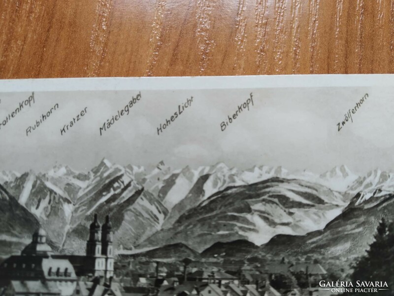 Kempten, Allgau, a háttérben az Allgaui Alpok hegycsúcsai , 1935-ből, fotó képeslap