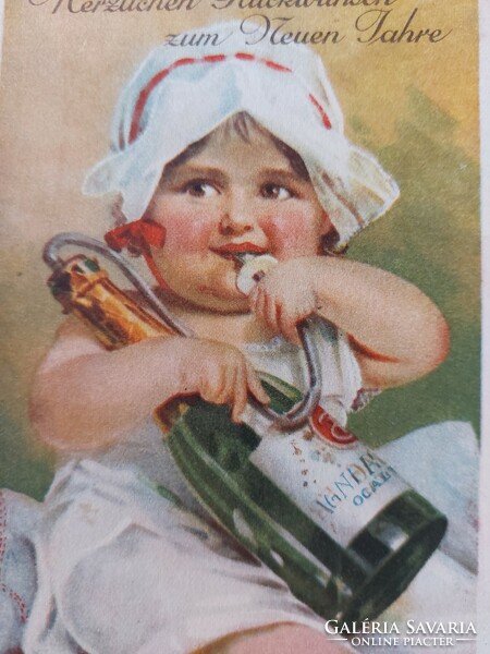 Régi újévi képeslap levelezőlap kislány pezsgő