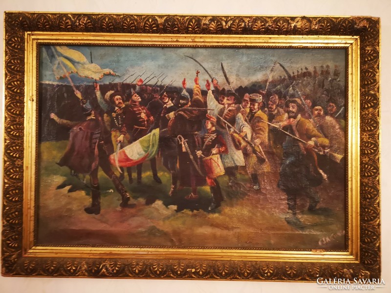 Antique battle scene painting, hussars in the background, foot attack in front. With Hungarian flag