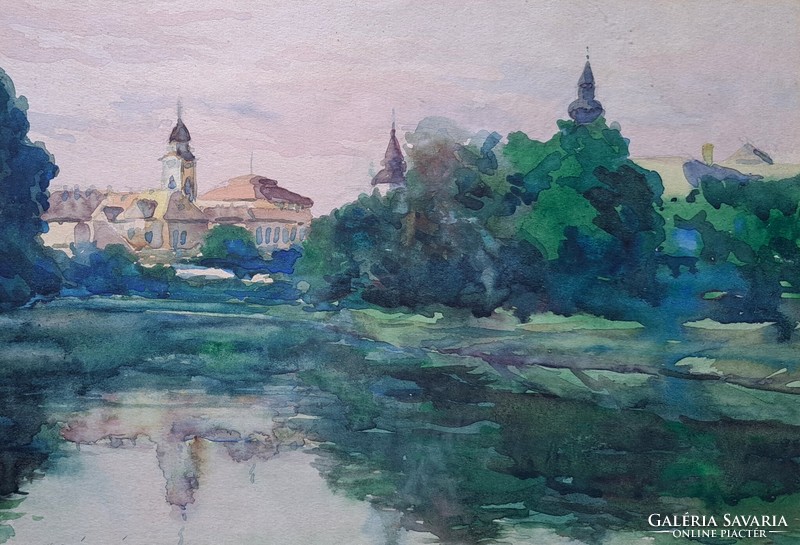 József Horváth - watercolor landscape, lakeside