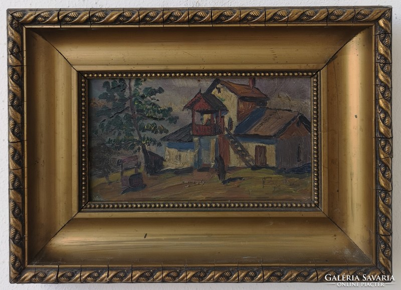 Backyard. Signed, antique oil painting.