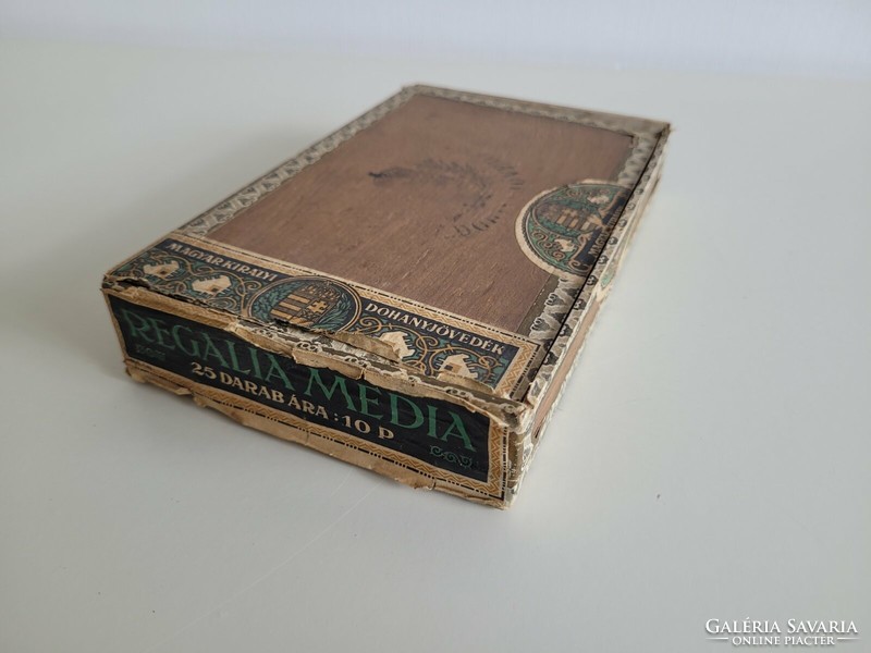 Old tobacconist's wooden box cigarette box with Hungarian royal coat of arms cigar storage with label