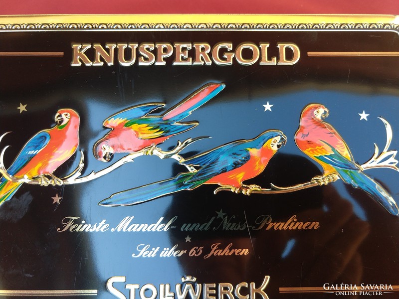 Beautiful chocolate metal box decorated with macaws, stollwerk, 24 x 16 x 6 cm..