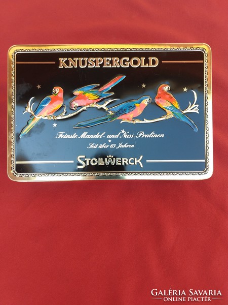 Ara papagájokkal diszített, szép  csokis  fém doboz,,Stollwerk,,,24 x 16 x 6 cm..