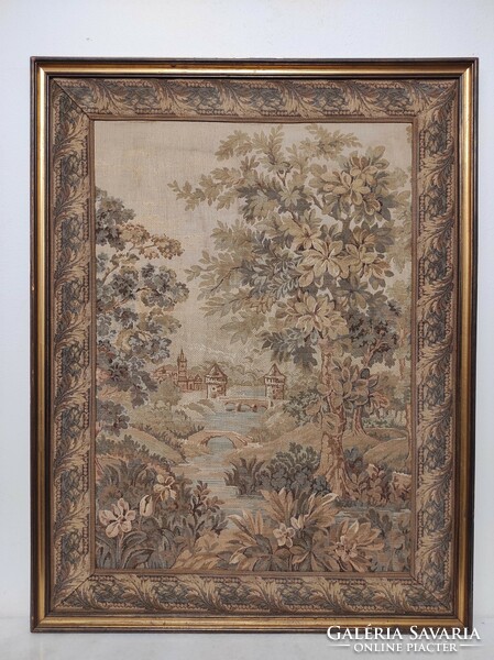 Antique wall tapestry frame landscape castle park machine woven 436 7370