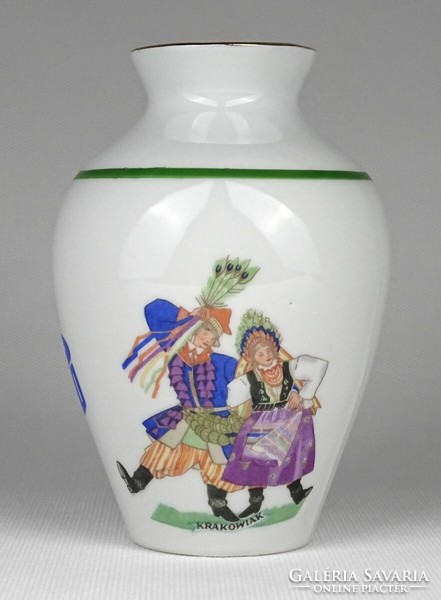 1M813 Régi népi motívumos lengyel porcelán váza virágváza 13 cm