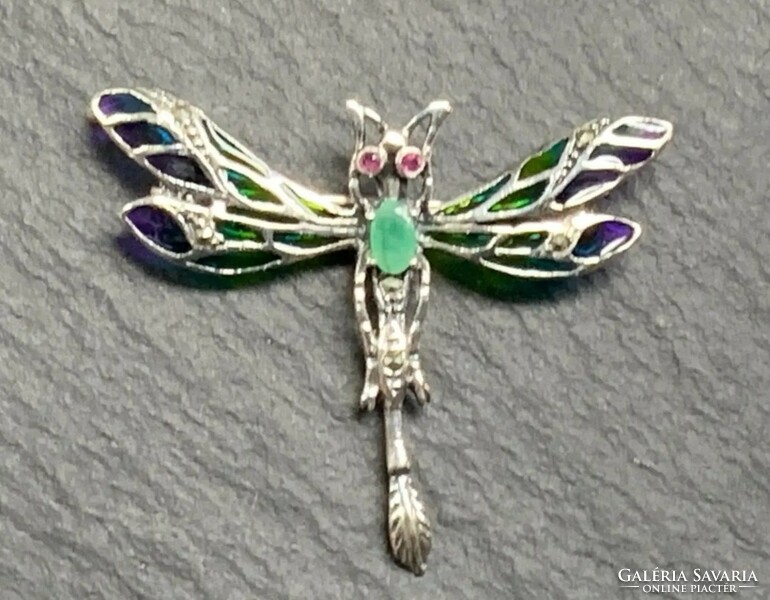 Dragonfly brooch, emerald-ruby sterling silver 925 - new handcrafted jewelry!