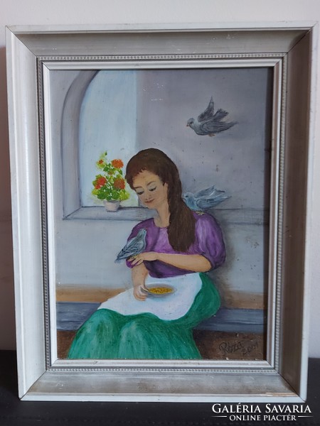 Róza 2001 signed painting - little girl with pigeons - oil or acrylic on wood - 499