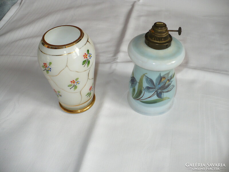 Hand painted glass oil lamp and vase