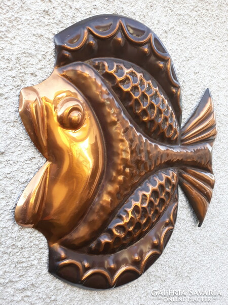 Large, spectacular industrial red copper fish, wall decoration, 30 x 30 cm