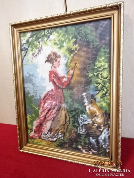 Woman by the tree with a dog, tapestry picture. Size: 34 x 26 cm. Jokai.