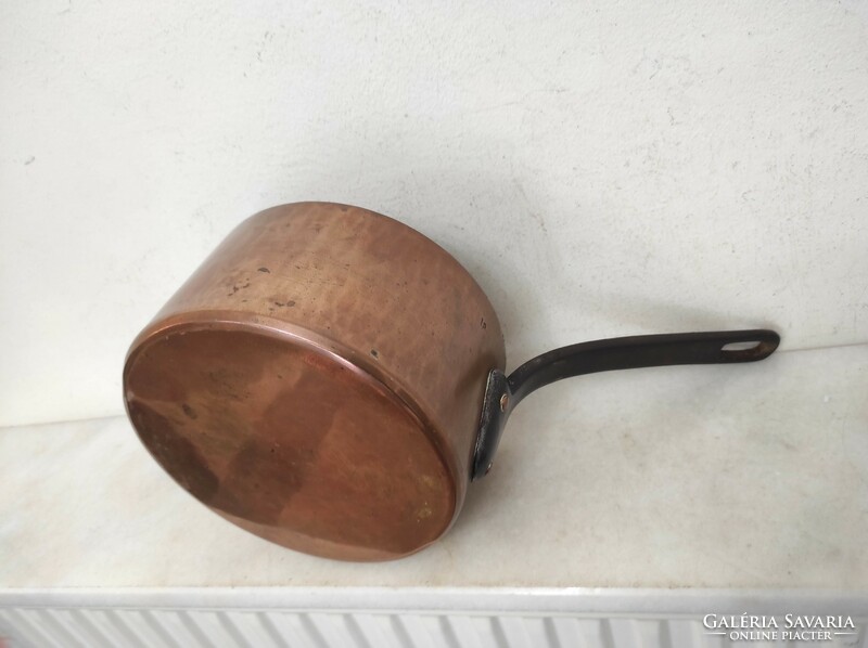 Antique tinned kitchen tool red copper pan with small handle and leg iron ear 454 7388