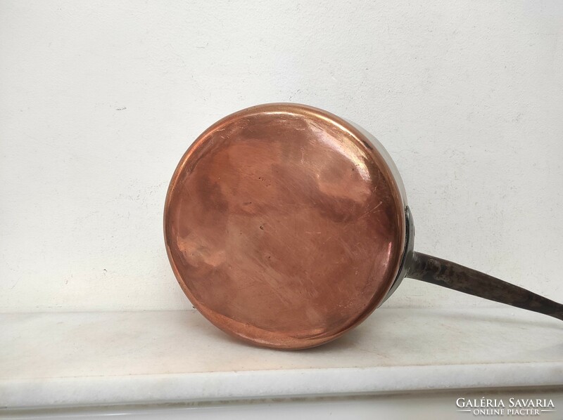 Antique tinned kitchen tool red copper pan with large handle and leg with iron lug 456 7390