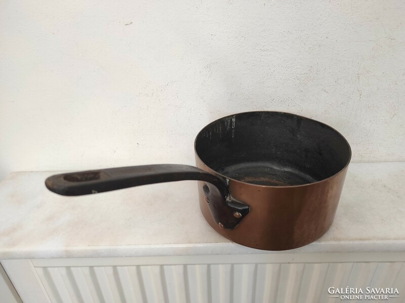 Antique tinned kitchen tool red copper pan with small handle and leg iron ear 454 7388