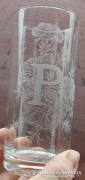 Glass wine / water glass with P and flower pattern grinding