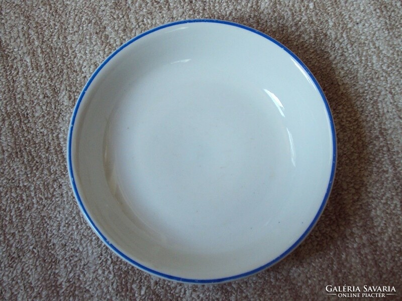 Retro régi mély leveses tányér Pécs jelzéssel Zsolnay, kék szegélyes, üzemi konyha
