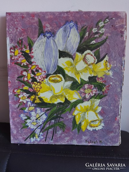 Balogh M. Szignált festmény - Csendélet virágokkall - olaj papíron és üvegen - 501