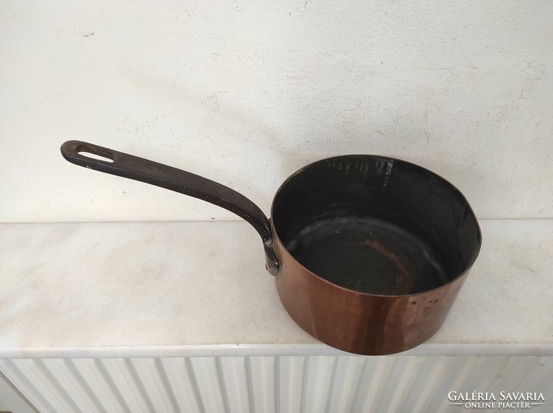 Antique tinned kitchen tool red copper pan with small handle and leg iron ear 454 7388