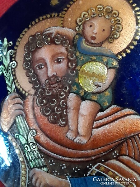 Old religious embossed fire enamel, applique ornament on copper plate, image. 8 Cm.