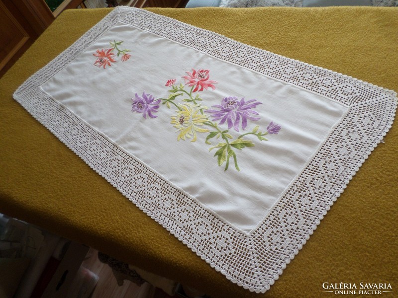 Embroidered, crocheted lace dresser tablecloth.