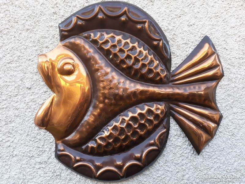 Large, spectacular industrial red copper fish, wall decoration, 30 x 30 cm