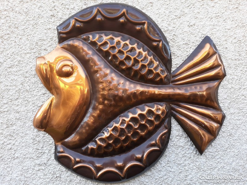 Large, spectacular industrial red copper fish, wall decoration, 30 x 30 cm