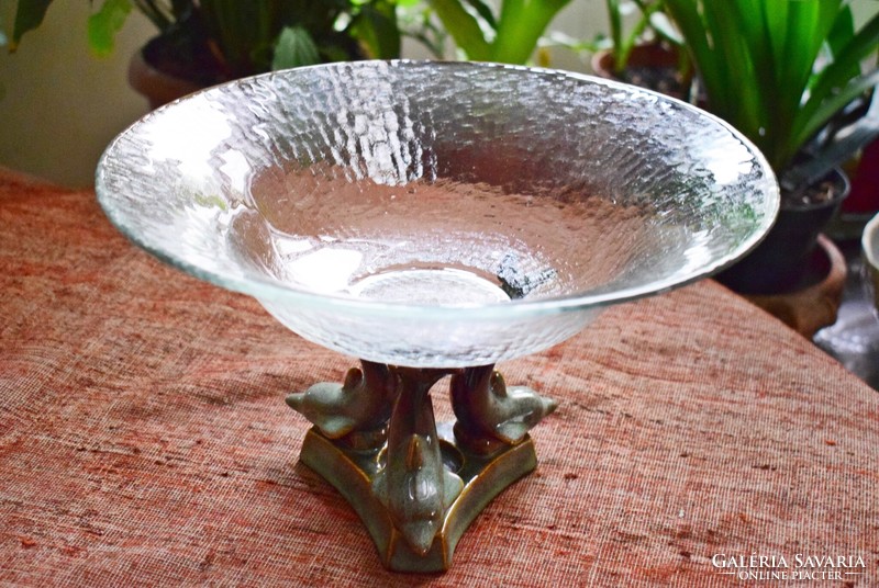 Art-deco dolphin ceramic base, glass serving bowl, fruit basket 30.5 x 18 cm