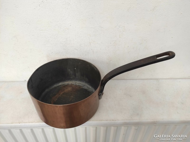 Antique tinned kitchen tool red copper pan with small handle and leg iron ear 454 7388