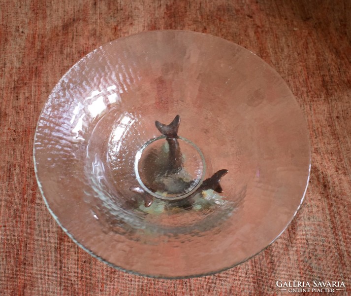 Art-deco hangulatú delfines kerámia talpazat , üveg kínáló tál , gyümölcskosár 30,5 x 18 cm