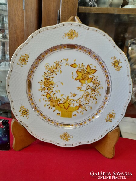 Rare Herendi fleurs des indes fj, yellow Indian basket serving plate, porcelain plate. 28.5 Cm.