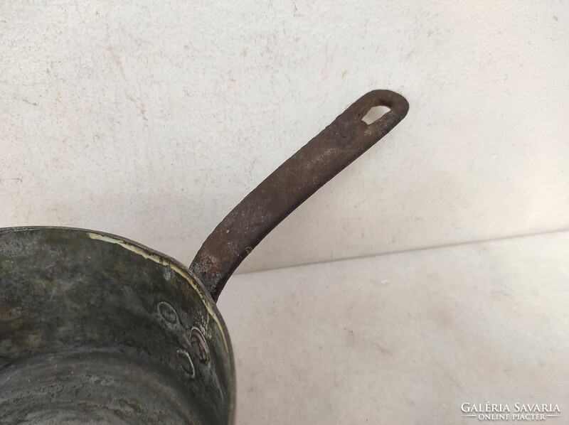 Antique tinned kitchen tool red copper pan with large handle and leg iron ear 459 7393